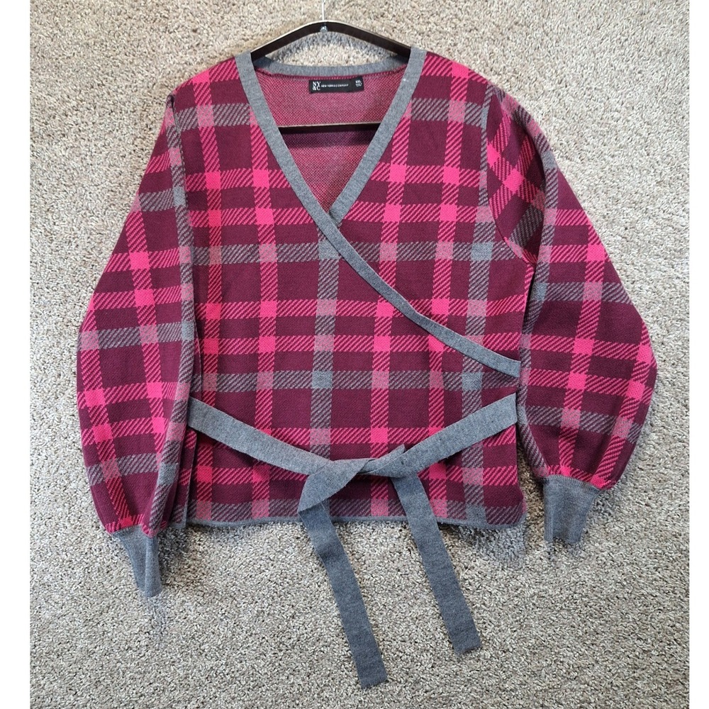 New York & Co. Sweater Womens XXL Plaid Wrap Tie Strap Long Sleeve Knit Preppy